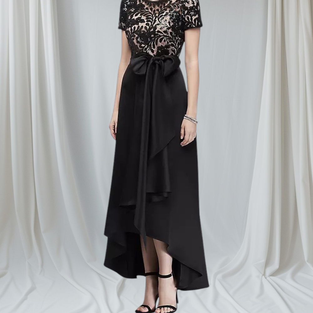 R& M Richards Black  Satin High-low Dress With Sequins Bodice